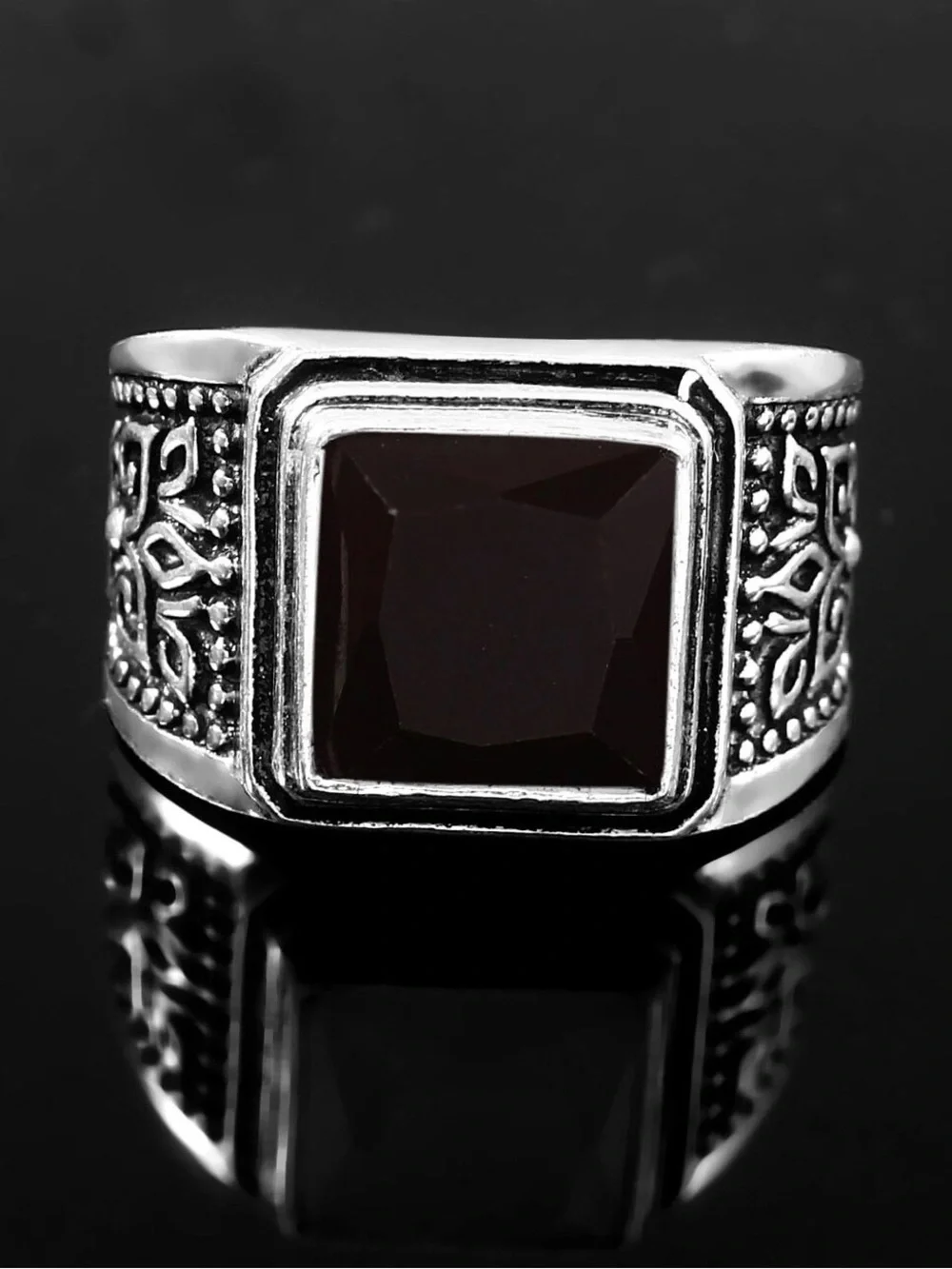 Men's Square Garnet-Style 925 Silver Statement Ring